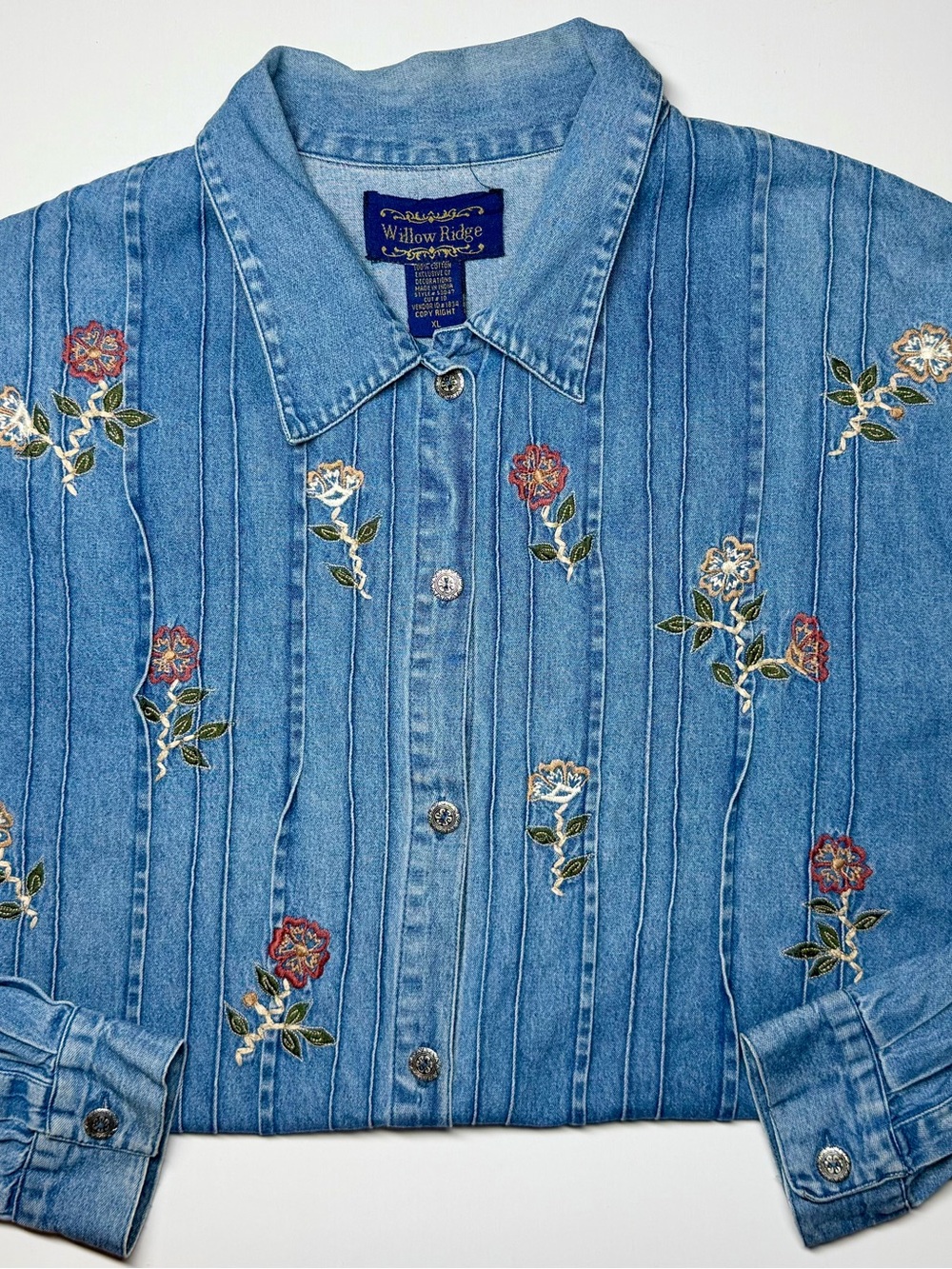 VTG 90s Willow Ridge Denim Button Up Shirt Women’s XL Floral Embroidered Cottage